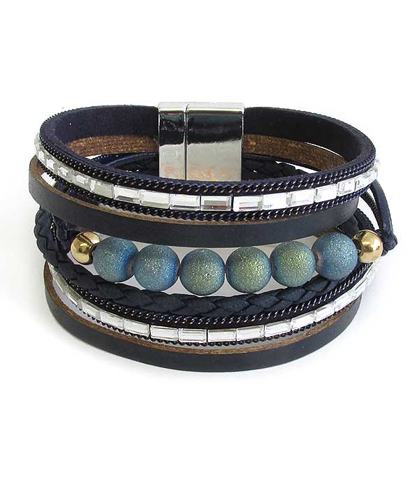 MULTI LAYER LEATHERETTE AND BALL BEAD MAGNETIC BRACELET