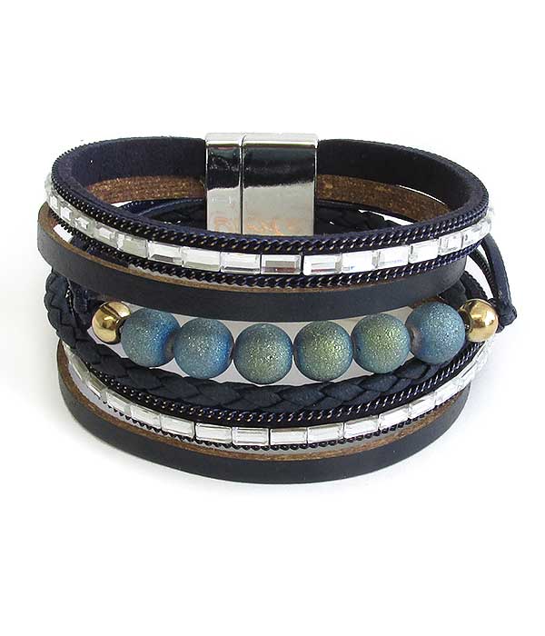 Multi layer leatherette and ball bead magnetic bracelet