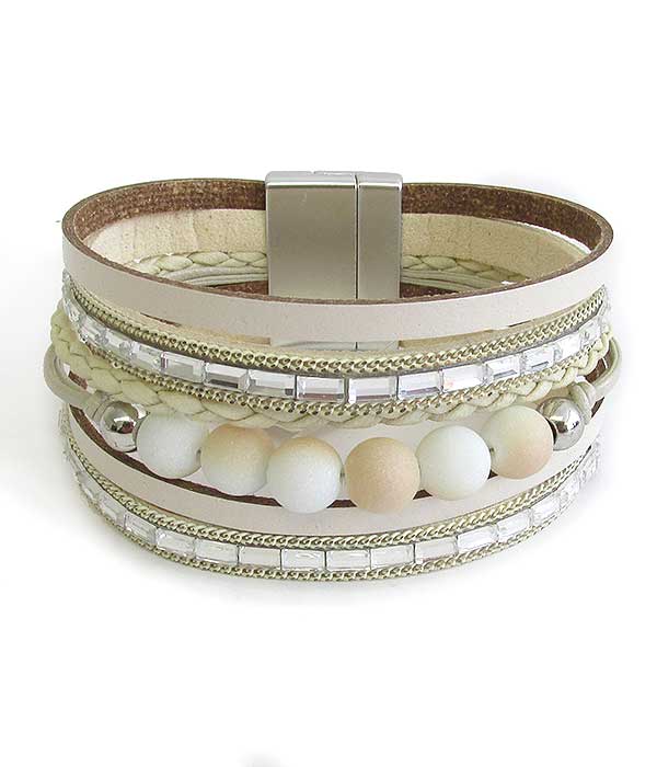 Multi layer leatherette and ball bead magnetic bracelet