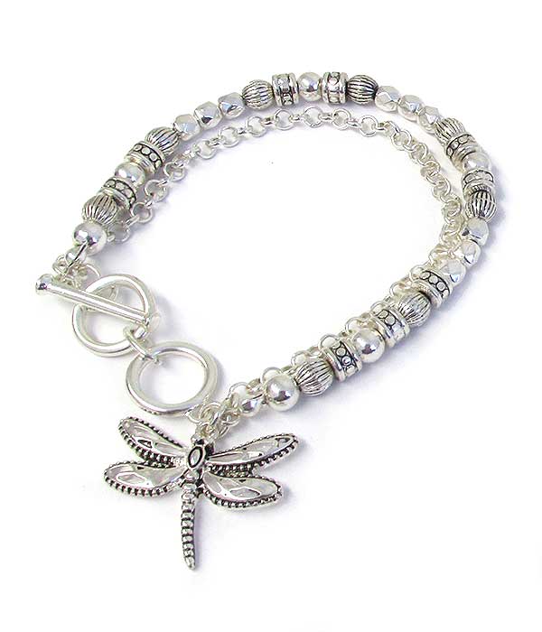 GARDEN THEME METAL FILIGREE CHARM MULTI METAL BEAD DOUBLE CHAIN TOGGLE BRACELET - DRAGONFLY