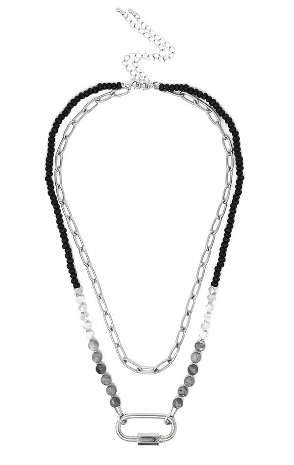 CARABINER PENDANT AND NATURAL STONE DOUBLE LAYER NECKLACE