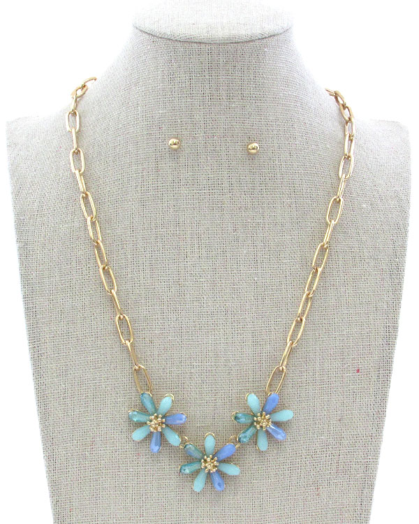 FACET STONE PETAL TRIPLE FLOWER PENDANT NECKLACE SET