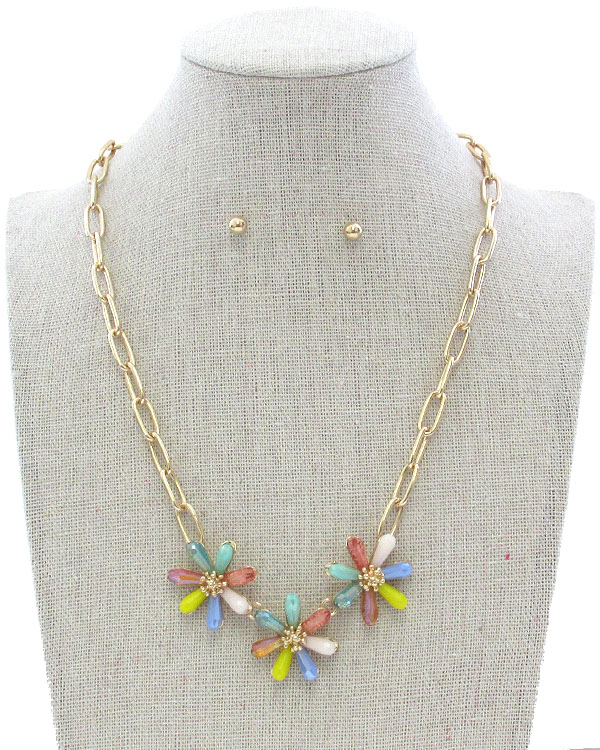 Facet stone petal triple flower pendant necklace set