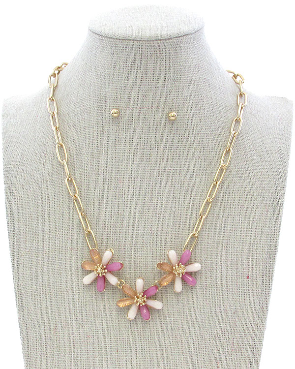 FACET STONE PETAL TRIPLE FLOWER PENDANT NECKLACE SET