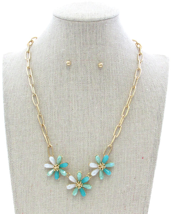 FACET STONE PETAL TRIPLE FLOWER PENDANT NECKLACE SET