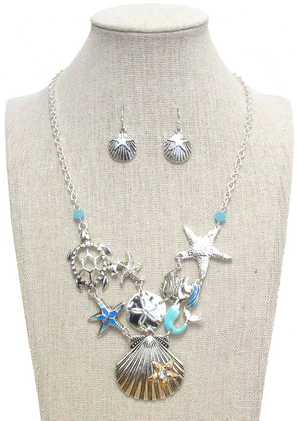 Sealife theme multi charm link necklace set - shell starfish mermaid