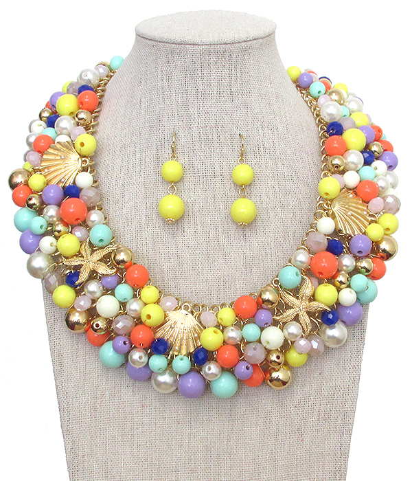 SEALIFE THEME MULTI CHARM AND BALL BEAD MIX NECKLACE SET - STARFISH SHELL