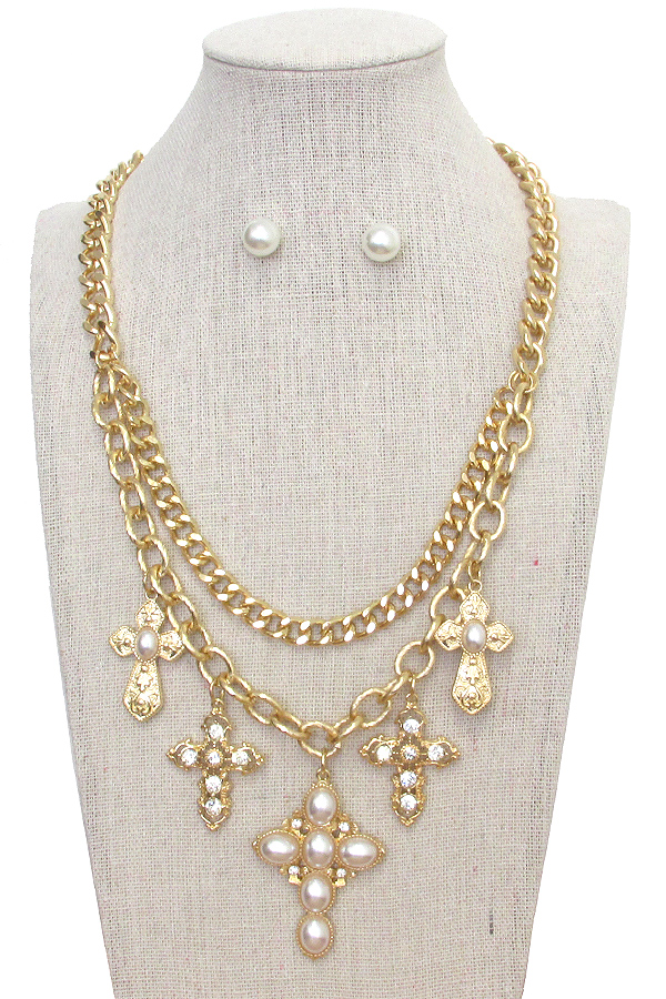 Multi cross charm pendant double chain necklace set