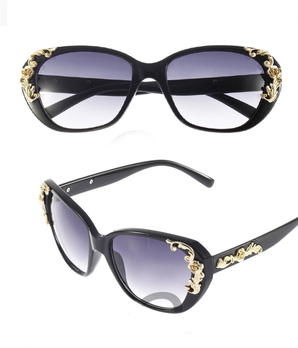 Vintage women gold-tone roses flower carving accent oversize frame sunglasses