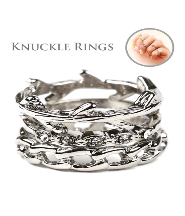 Crystal branch stackable multi knuckle ring combo set of 3