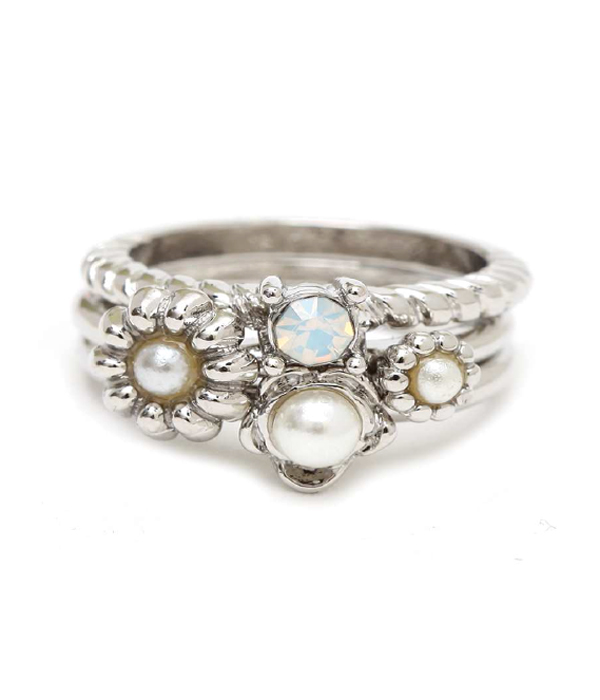Crystal and pearl mix stackable multi ring combo set of 3