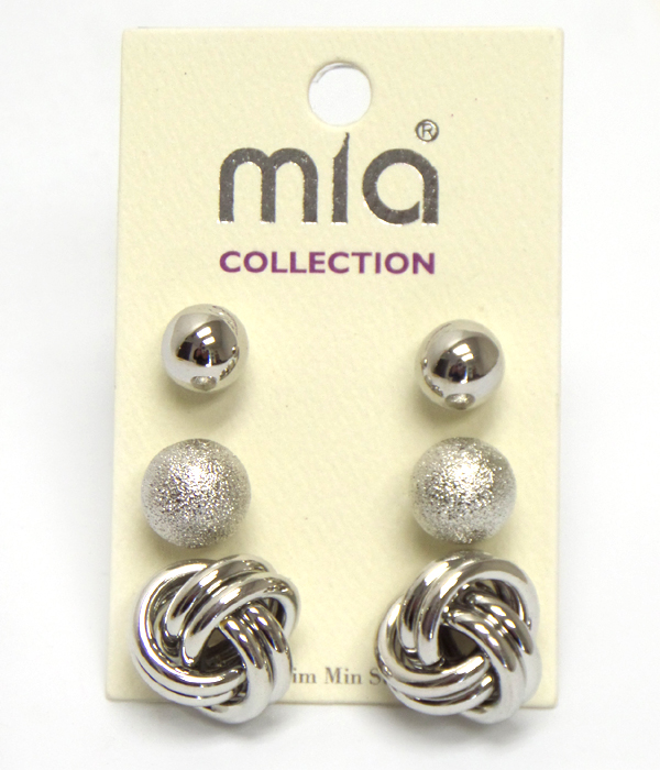 Metal knot and ball mix earring set of 3