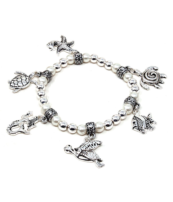 SEALIFE THEME CHARM AND PERL STRETCH BRACELET - TURTLE MERMAID