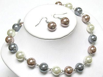 Pearl beads ball link long neckalce and earring set
