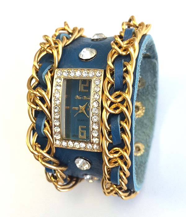 Crystal face and genuine leather and chain band watch