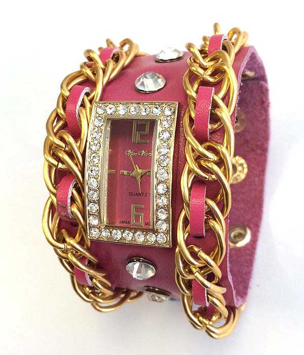 Crystal face and genuine leather and chain band watch