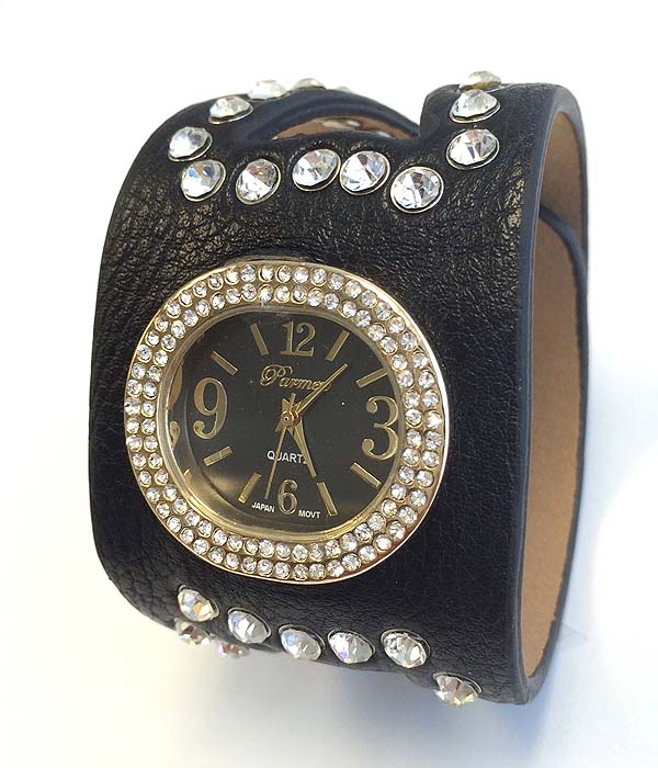 Crystal face and genuine leather band watch