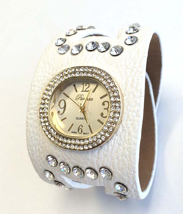 Crystal face and genuine leather band watch