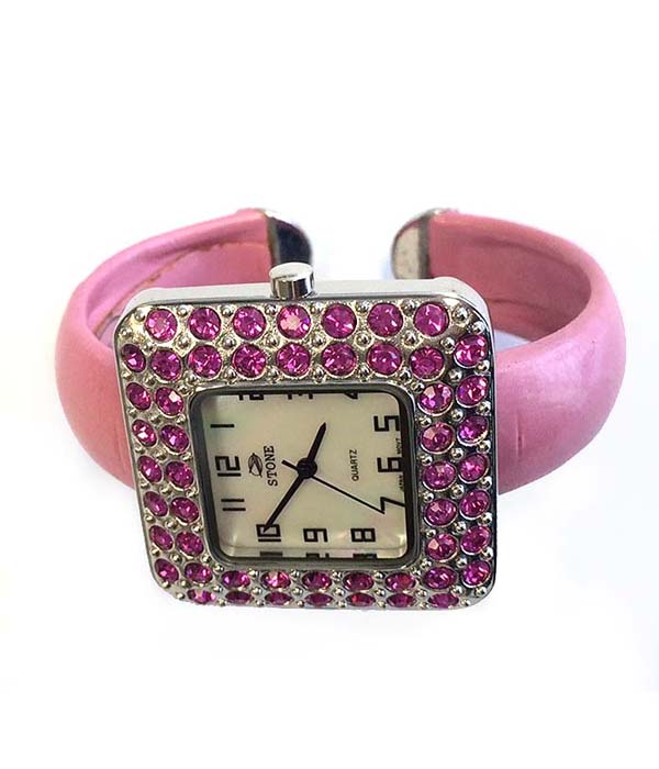 Crystal face cuff bangle watch