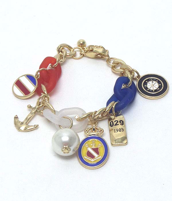 Nautical theme anchor and pearl charm chain bracelet
