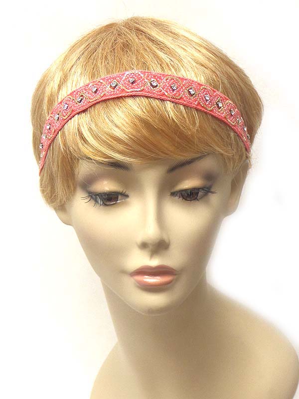 Handmade crystal and seed bead on faric headband - folkloric