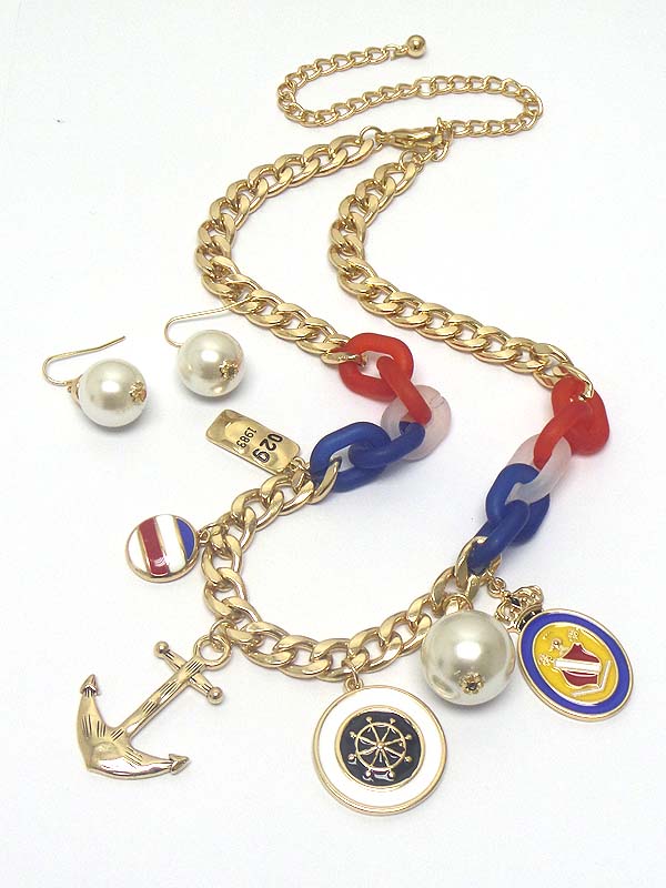 Nautical theme anchor and pearl charm chain necklace earring set