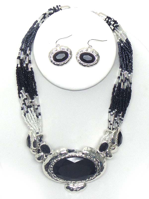 Facet oval stone pendant and multi layer seed bead necklace earring set