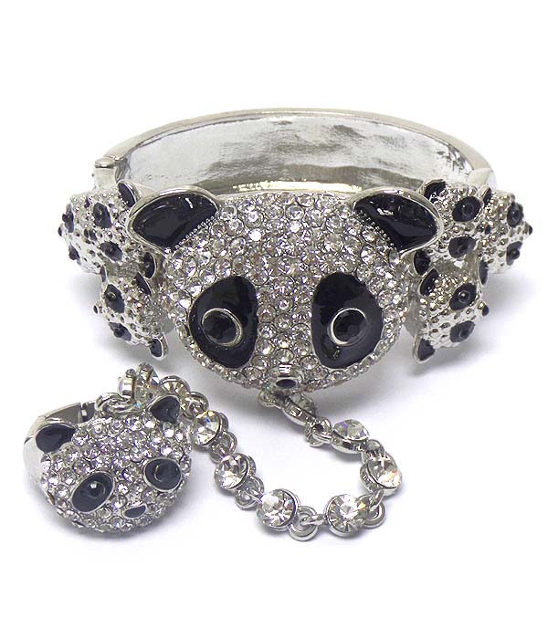 Crystal and epoxy panda hinge bangle bracelet and stretch ring set