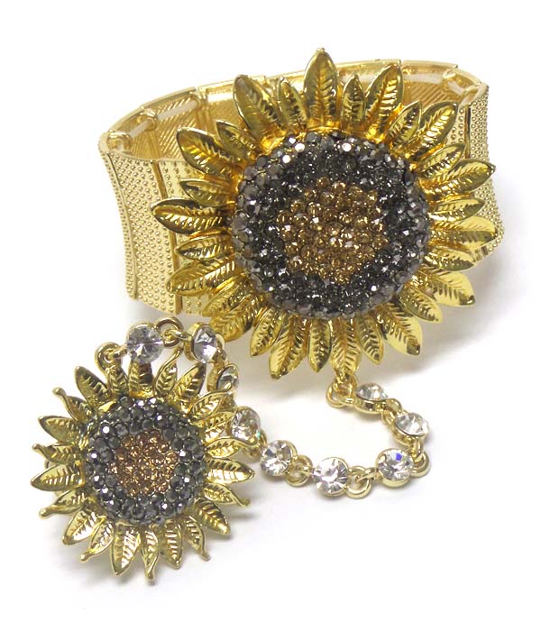 Multi crystal stud sunflower stretch ring and bracelet set