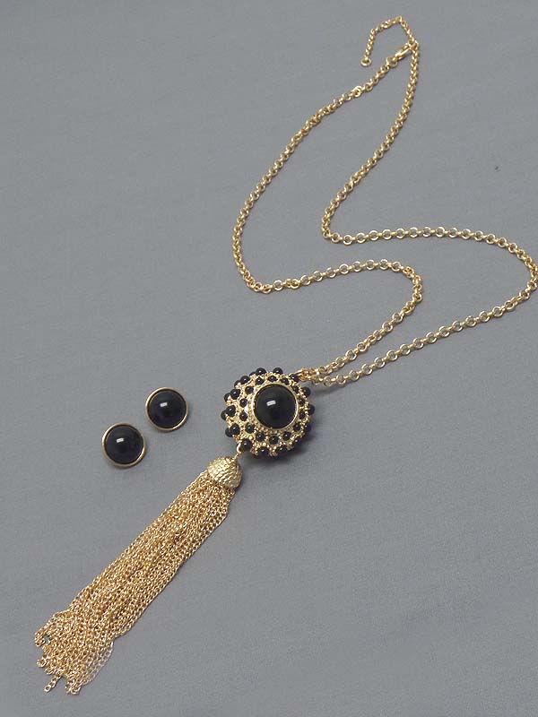 Cat eye and pearl ball and long tassel drop necklace earring set