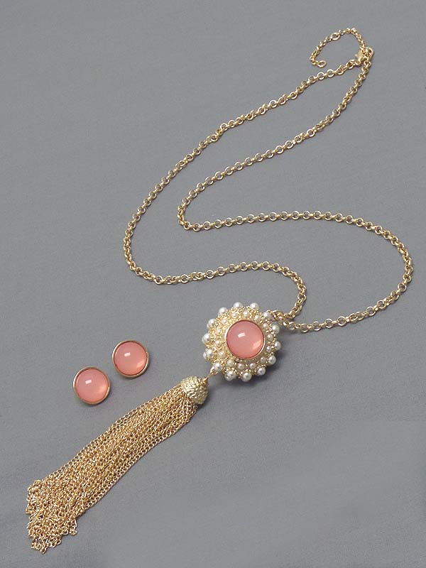 Cat eye and pearl ball and long tassel drop necklace earring set