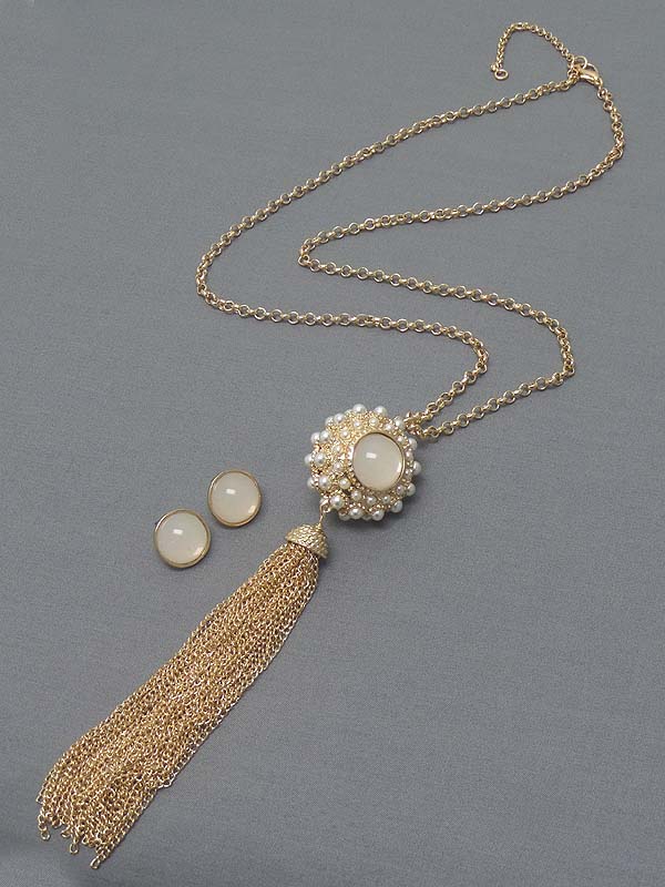 Cat eye and pearl ball and long tassel drop necklace earring set
