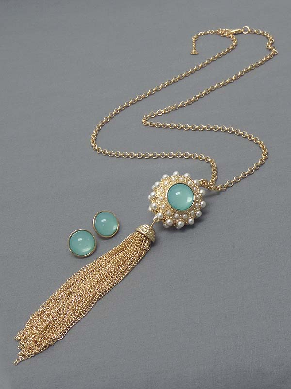 Cat eye and pearl ball and long tassel drop necklace earring set