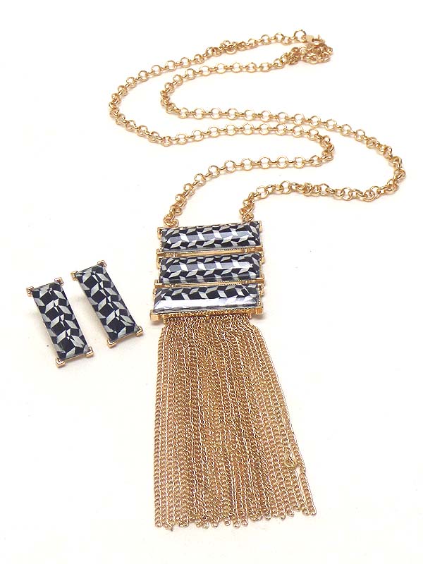 Houndstooth pattern triple bar and long tassel drop necklace earring set