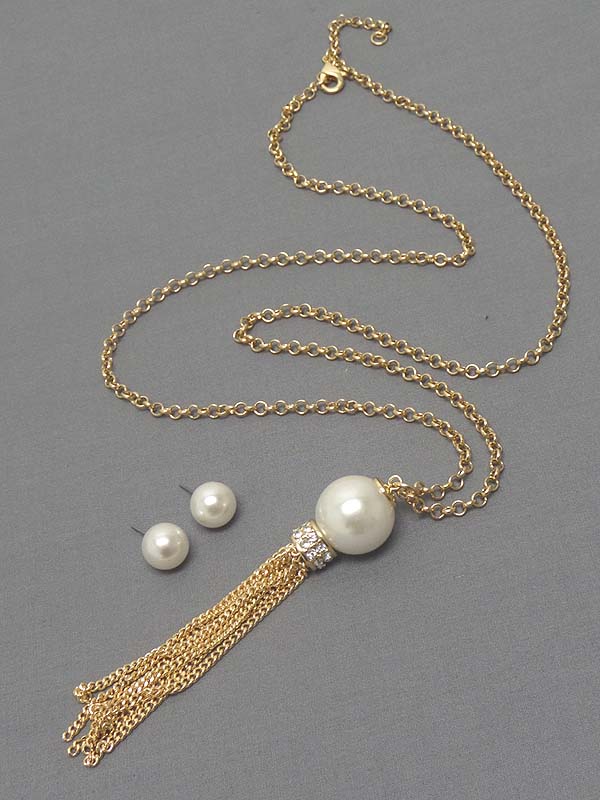 Pearl and crystal rondelle and long tassel drop necklace earring set