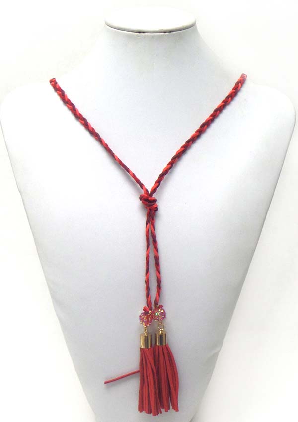 Crystal ball and leatherette tassel drop y shape necklace