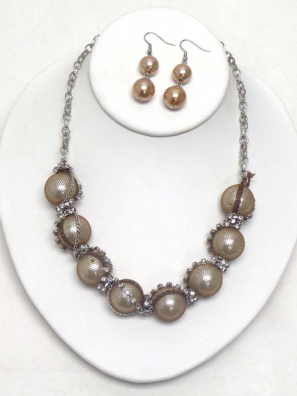 Crystal and pearl fabric net link necklace earring set