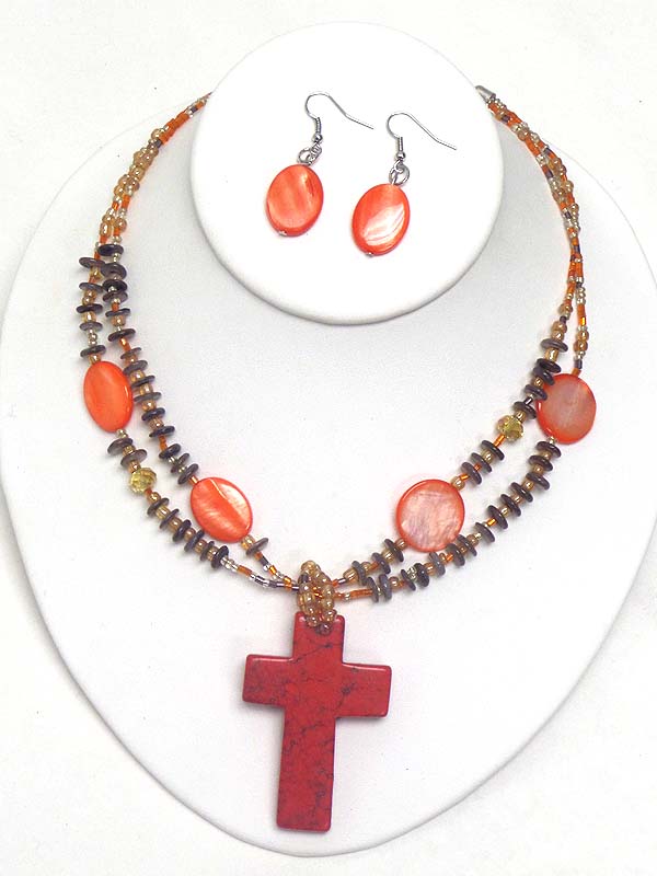 Cross pendant and natural chip stone double layer necklace earring set