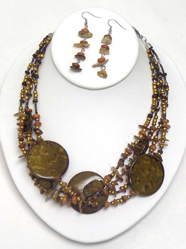 Triple disk stone and chip stone multi layer necklace earring set