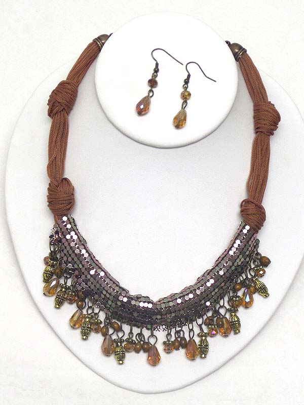 Multi stone dangle metal mesh and fabric cord necklace earring set