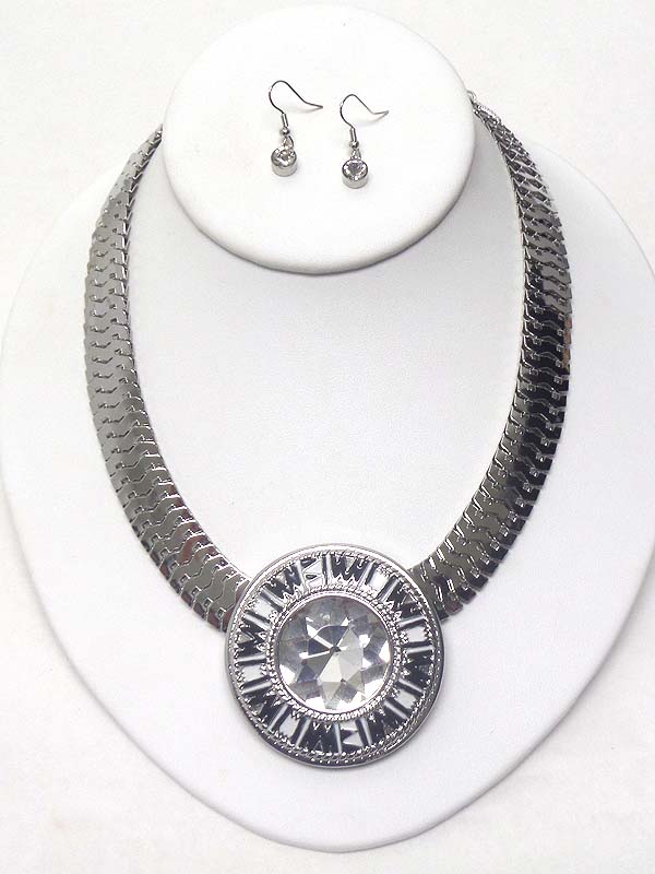 Facet glass and metal round shield epoxy drop and flat snake chain necklace earring set