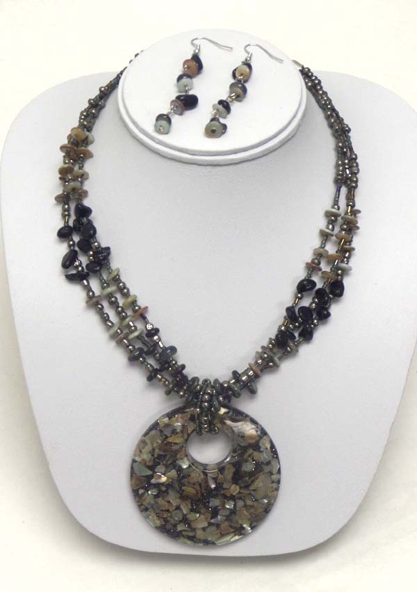 Mop inspired disk pendant and natural chip stone 3 layer necklace earring set