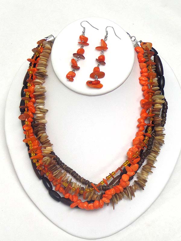 Natural chip stone and multi layer necklace earring set