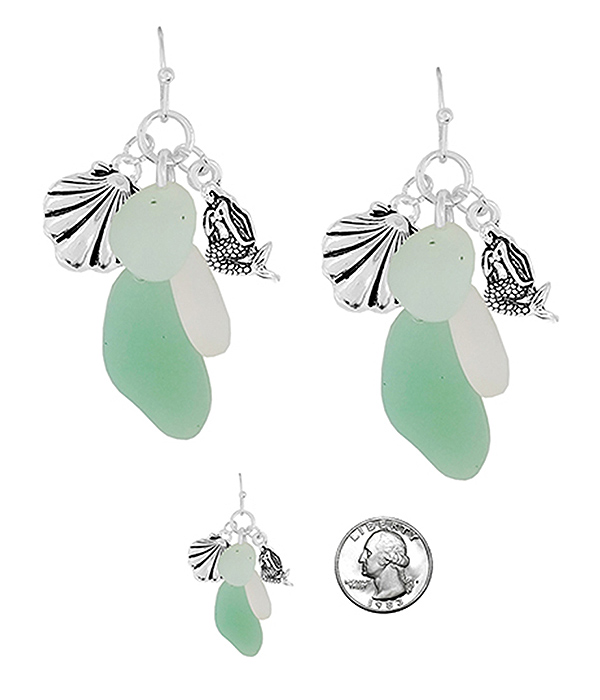 SEALIFE THEME SEAGLASS MULTI CHARM EARRING - MERMAID SHELL SEAGLASS