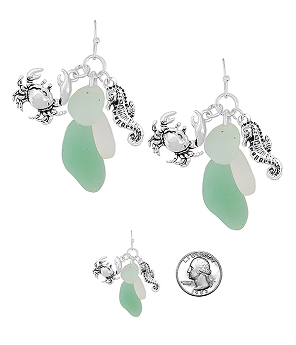 SEALIFE THEME SEAGLASS MULTI CHARM EARRING - SEAHORSE CRAB SEAGLASS