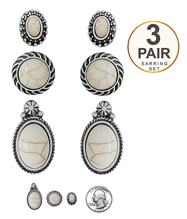 Semi precious stone 3 pair earring set
