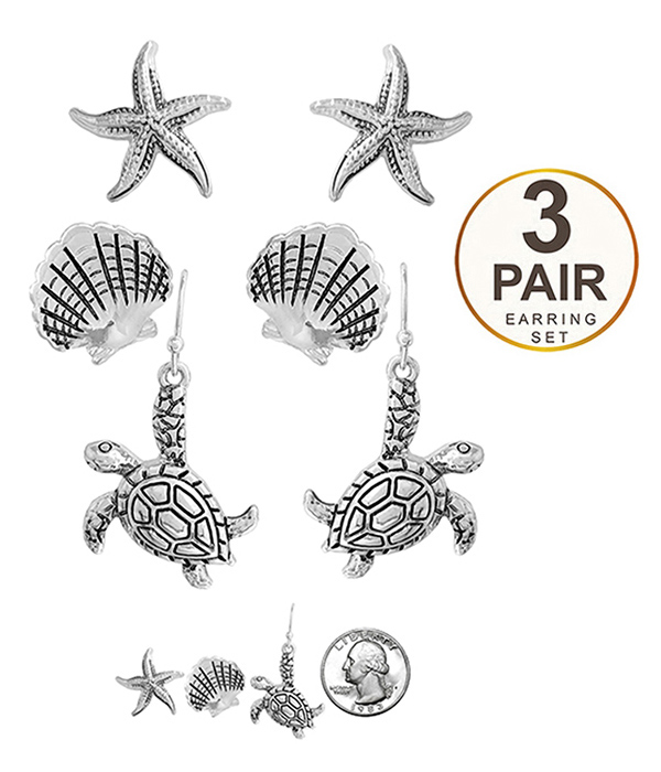 SEALIFE THEME 3 PAIR EARRING SET - STARFISH TURTLE SHELL