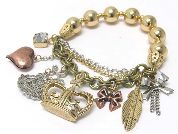 Multi metal charm dangle metal ball and chain bracelet