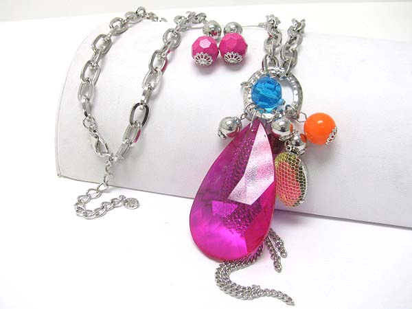 Facet glass tear drop and facet beads long necklace earring set