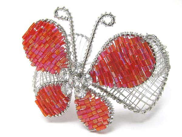 Crystal and seed beads deco butterfly top metal wire bangle